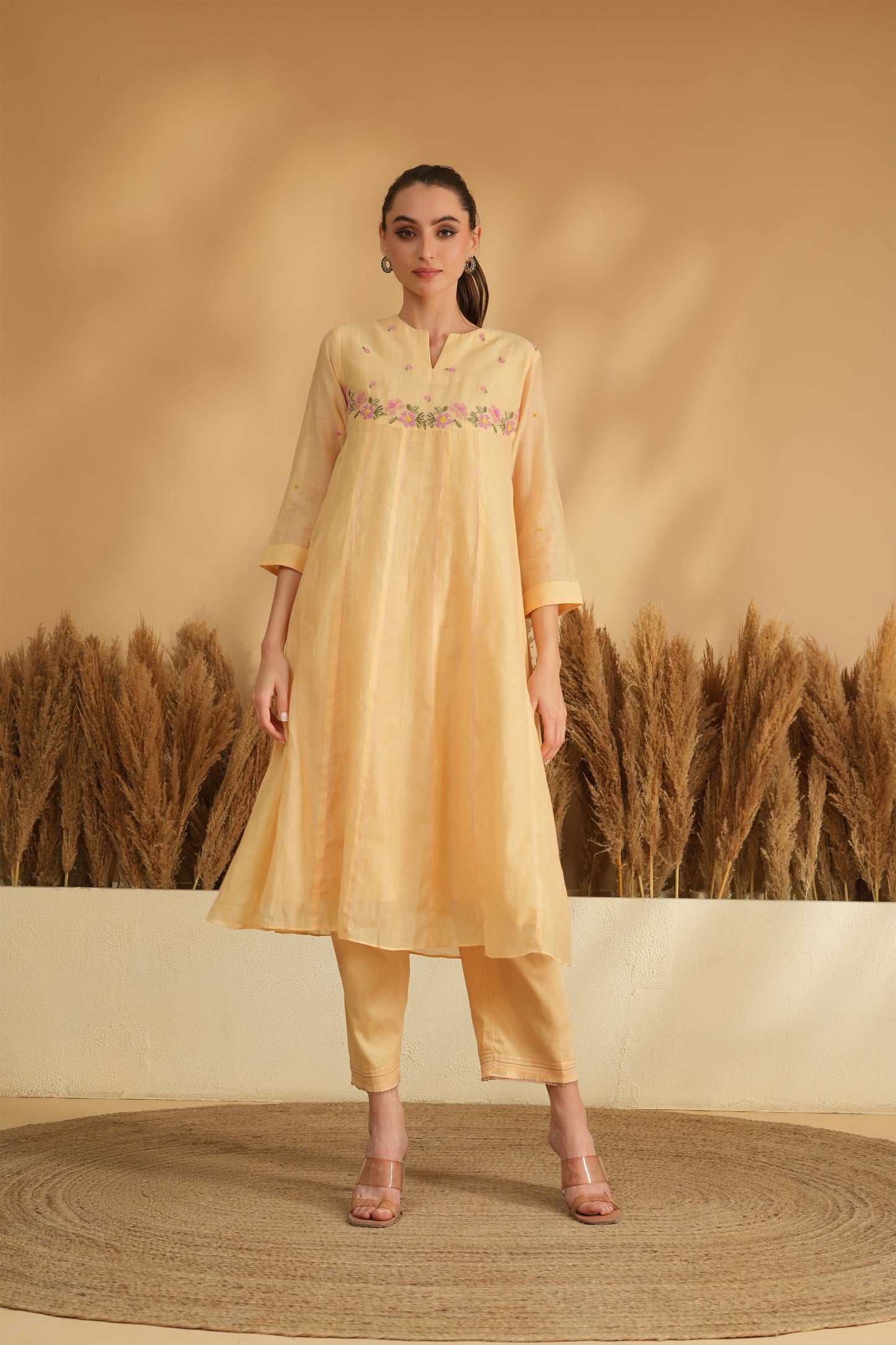 Gulbahaar U-Yoke Kurta Pant Set- Yellow