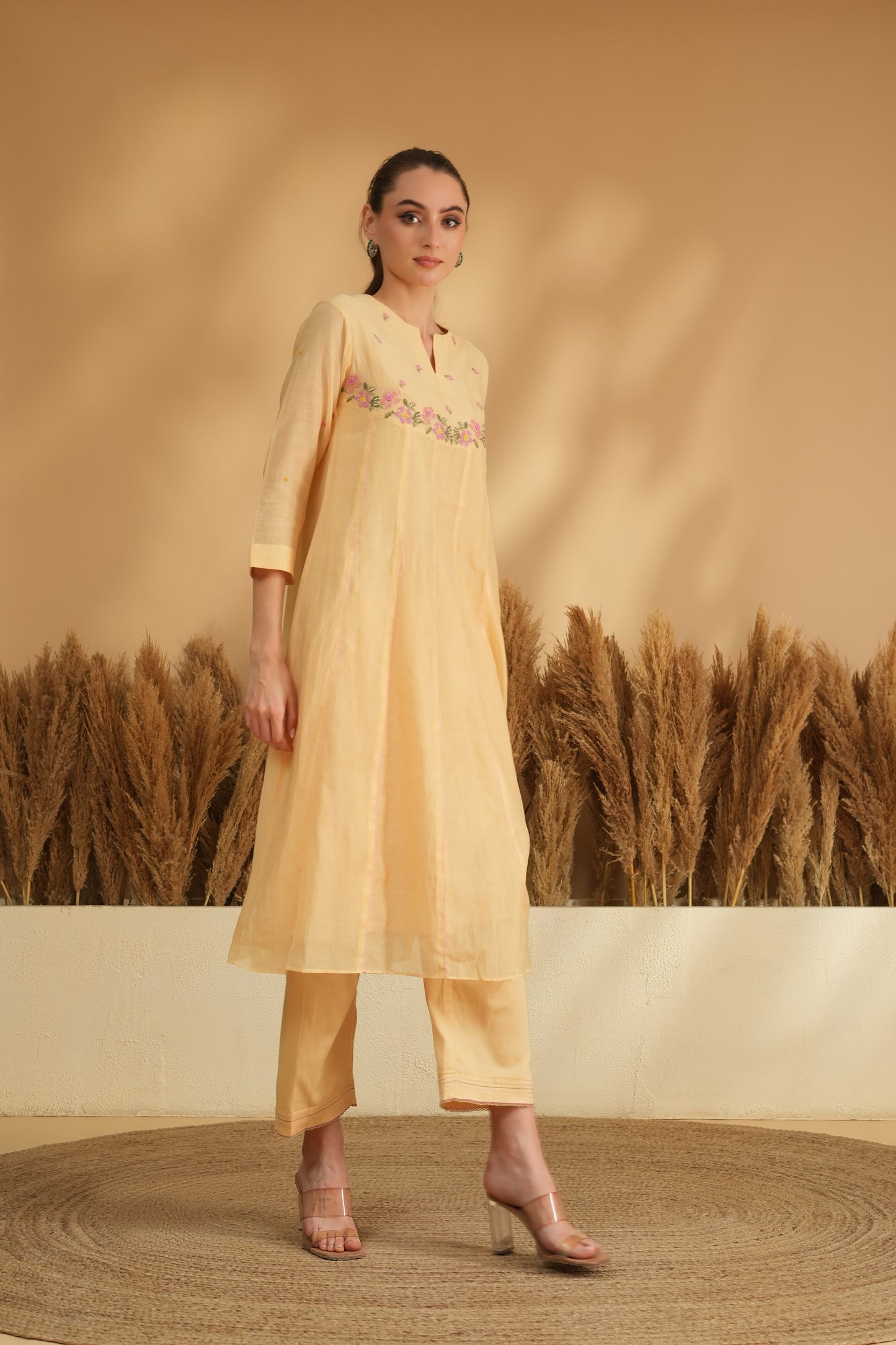 Gulbahaar U-Yoke Kurta Pant Set- Yellow