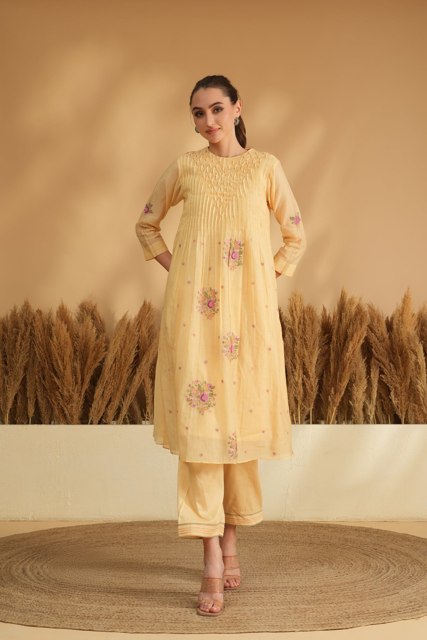 Meher Smocking Kurta Pant Set- Yellow