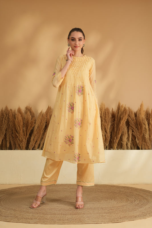 Meher Smocking Kurta Pant Set- Yellow