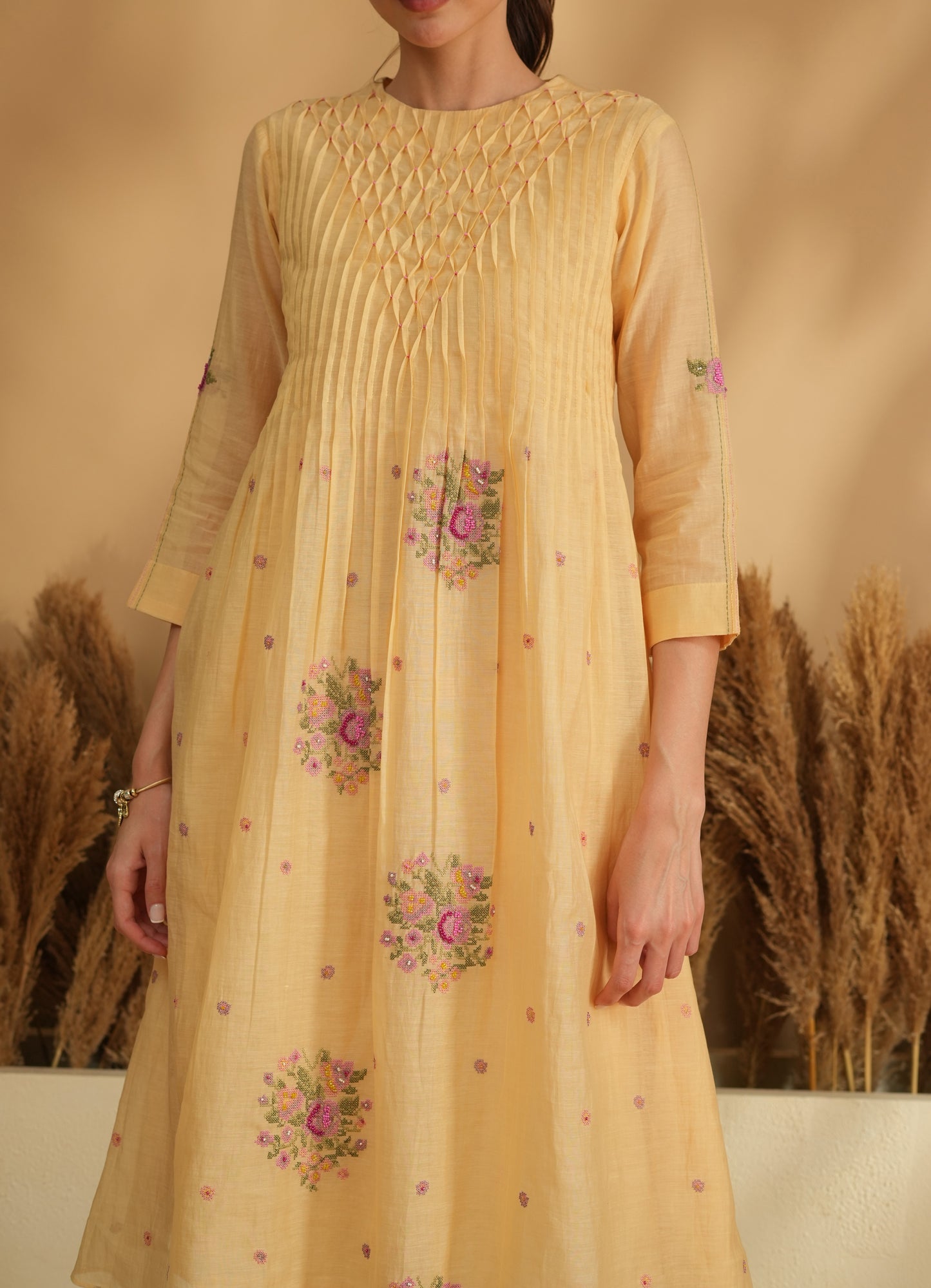 Meher Smocking Kurta Pant Set- Yellow