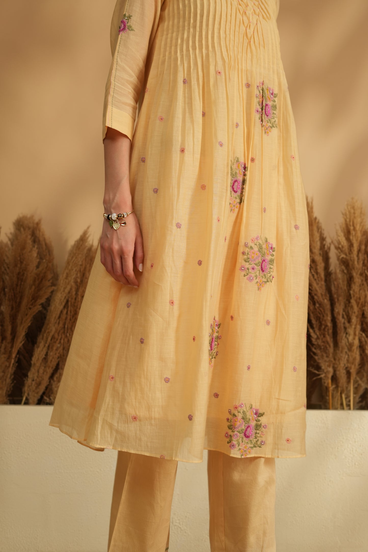 Meher Smocking Kurta Pant Set- Yellow