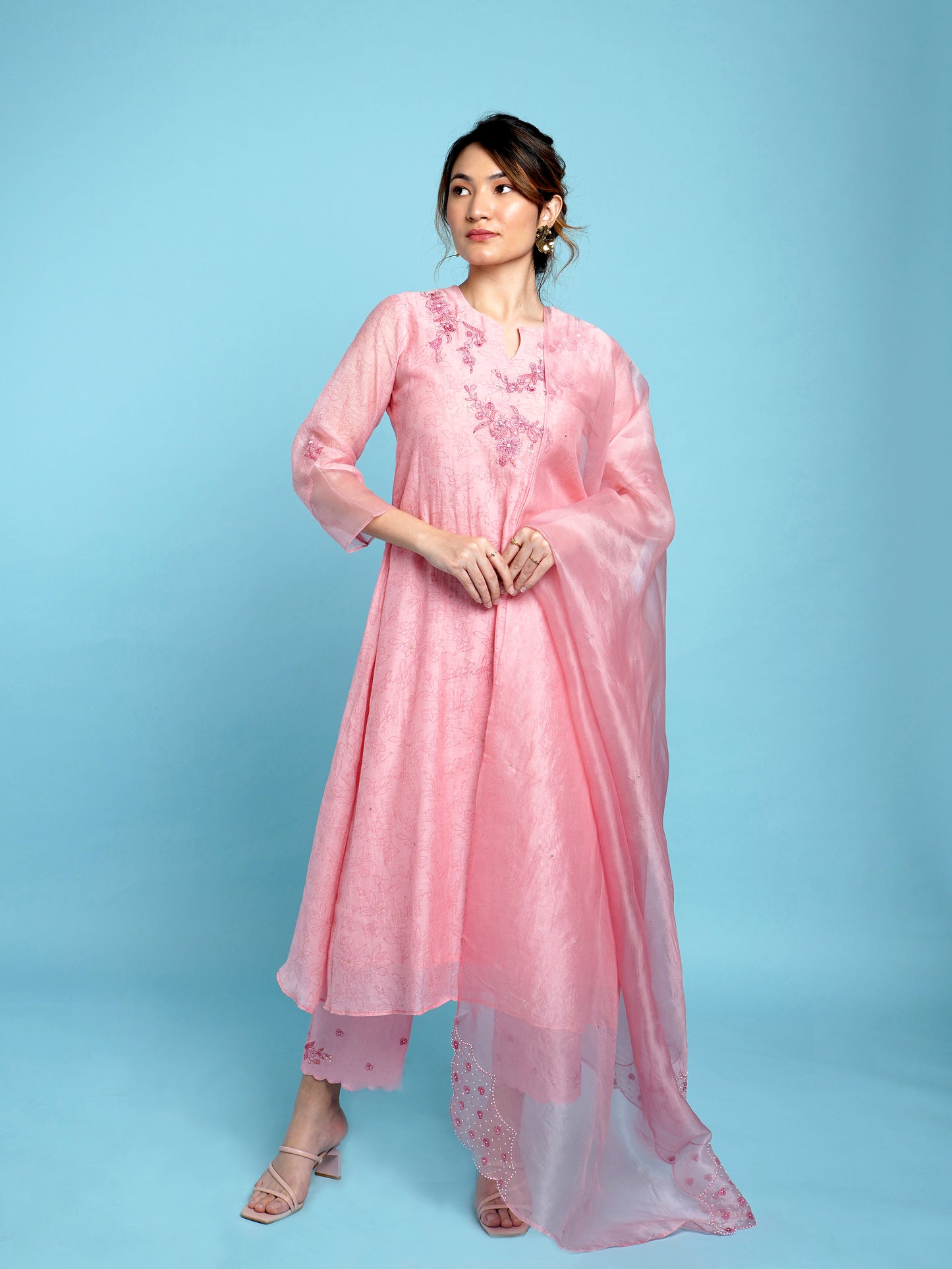 Phool A-line Kurta Set-Pink