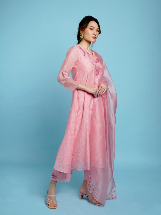 Phool A-line Kurta Set-Pink