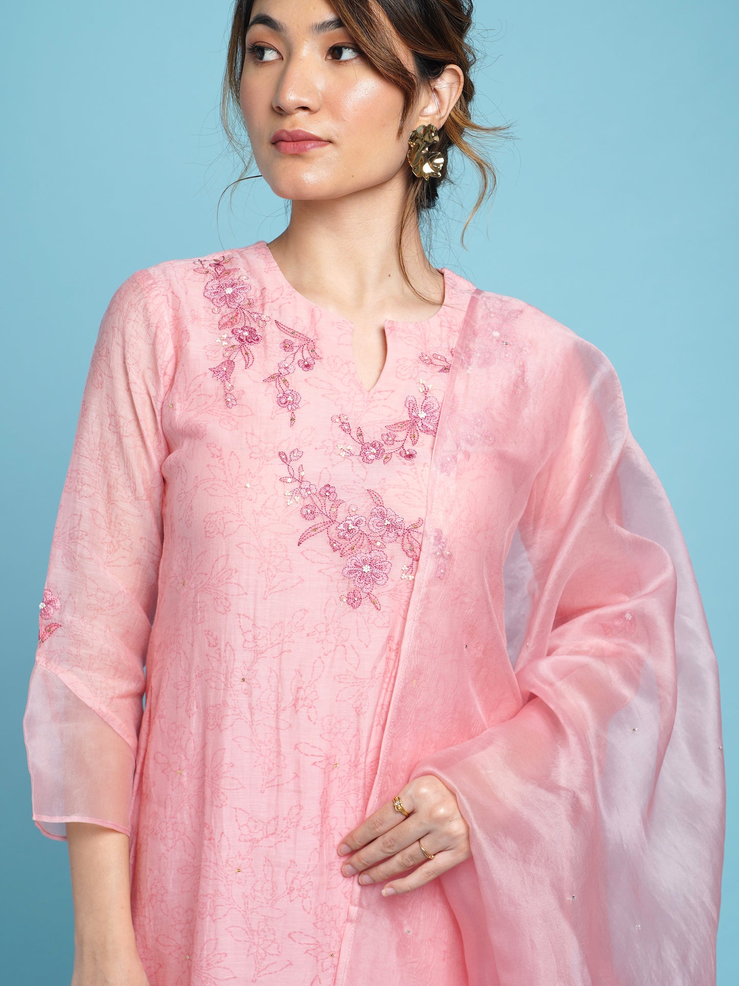 Phool A-line Kurta Set-Pink