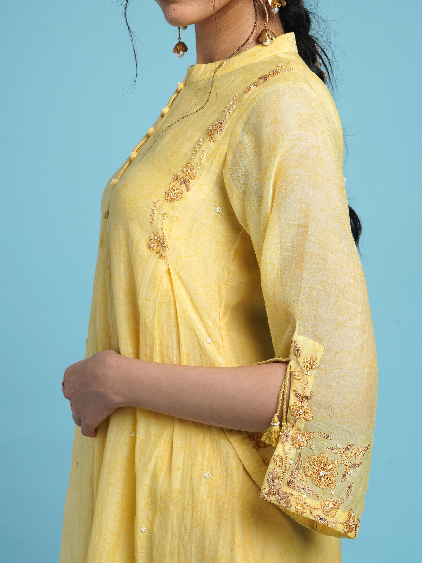 Pearl A-line Kurta Set- Yellow