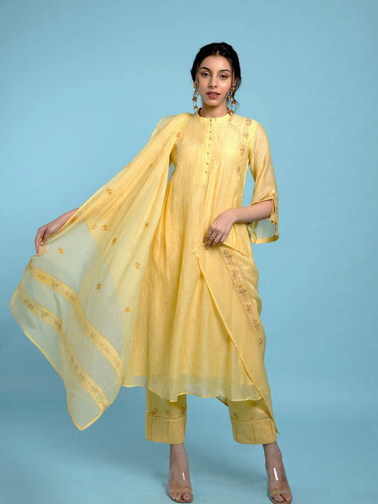 Pearl A-line Kurta Set- Yellow