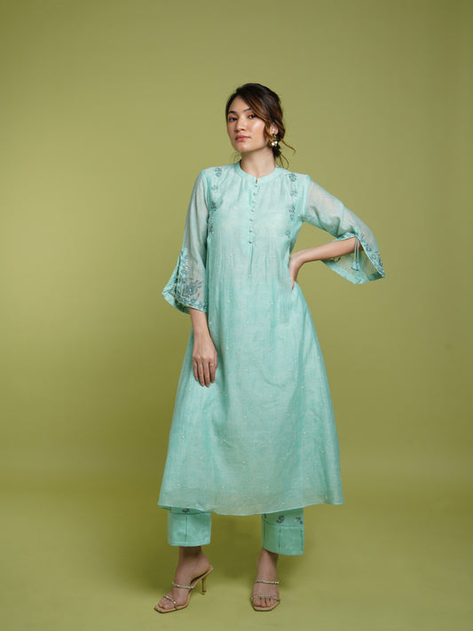 Pearl A-line Kurta Set- Firozi