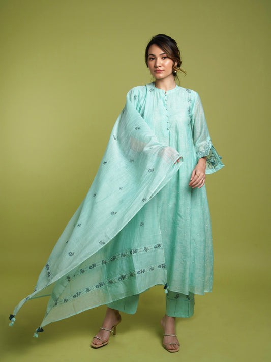 Pearl A-line Kurta Set- Firozi