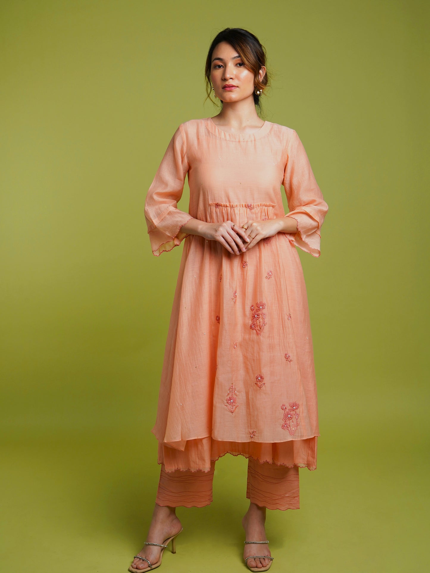 Rooh Gathered Kurta Set- Peach