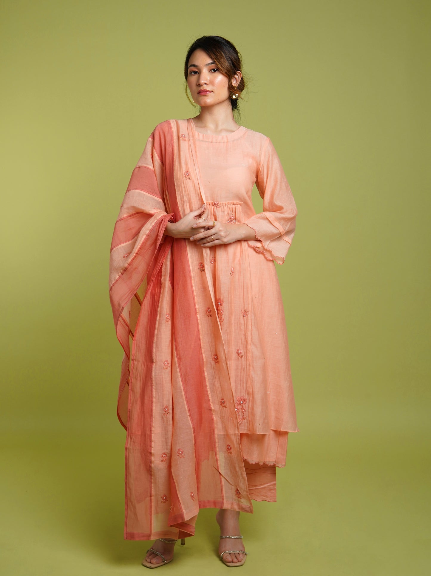 Rooh Gathered Kurta Set- Peach