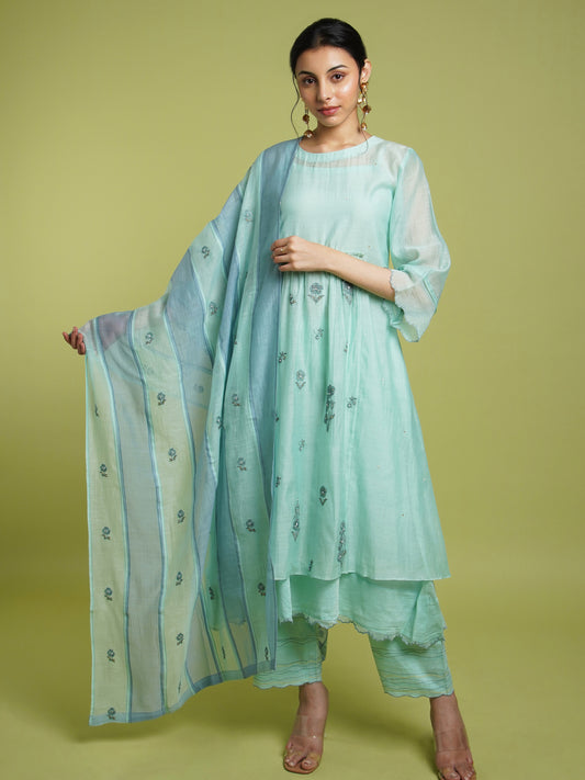 Rooh Gathered Kurta Set- Firozi