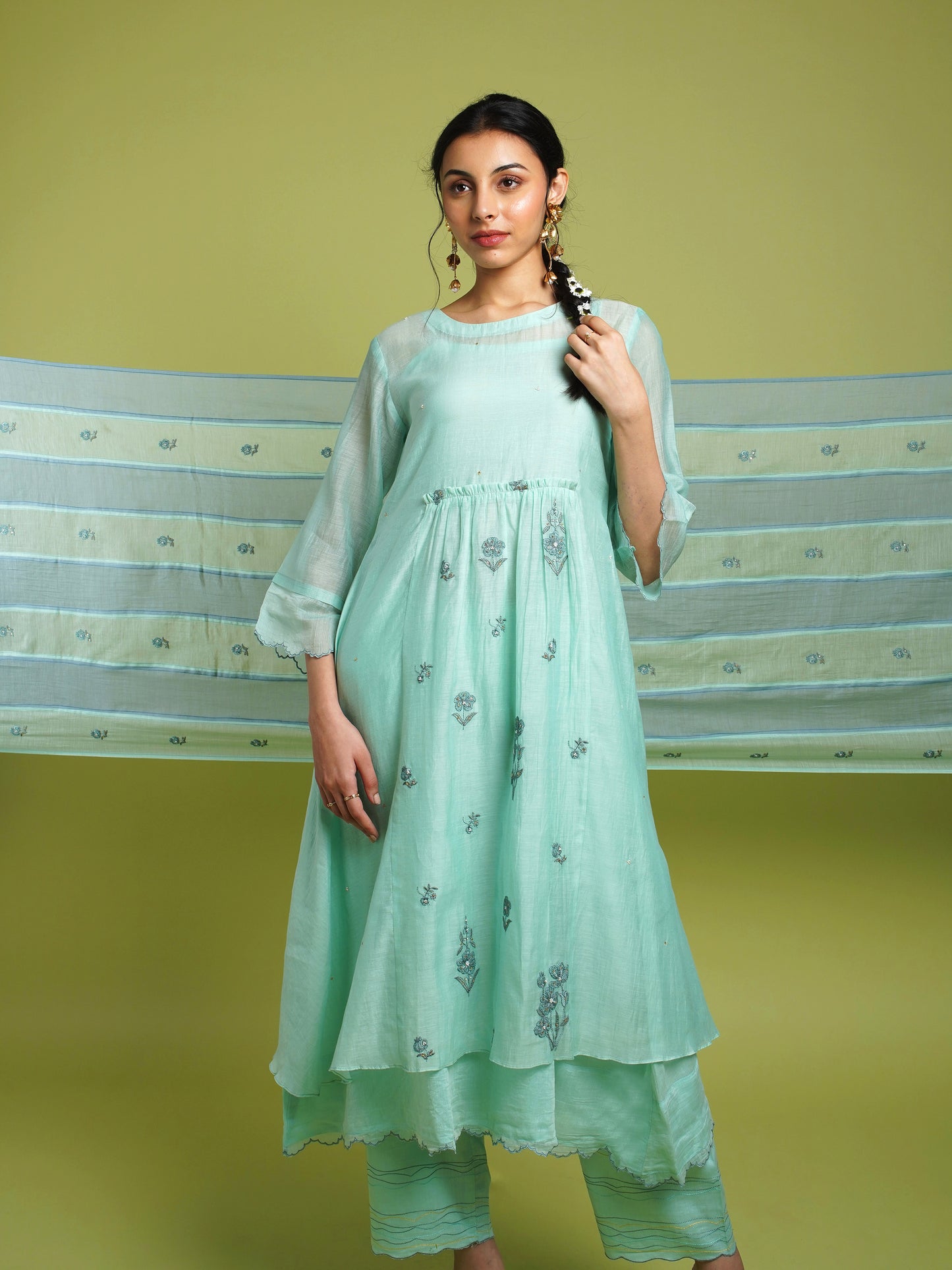 Rooh Gathered Kurta Set- Firozi