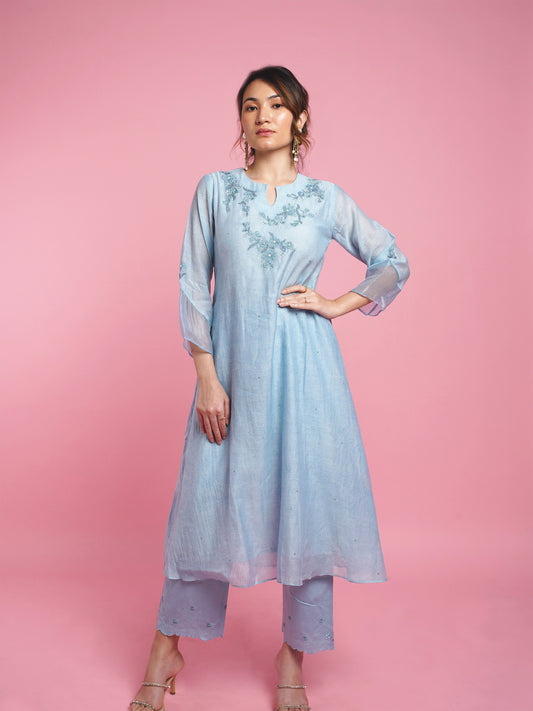 Phool A-line Kurta Set- Blue