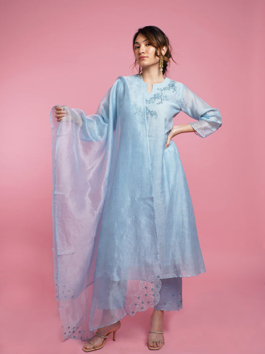 Phool A-line Kurta Set- Blue