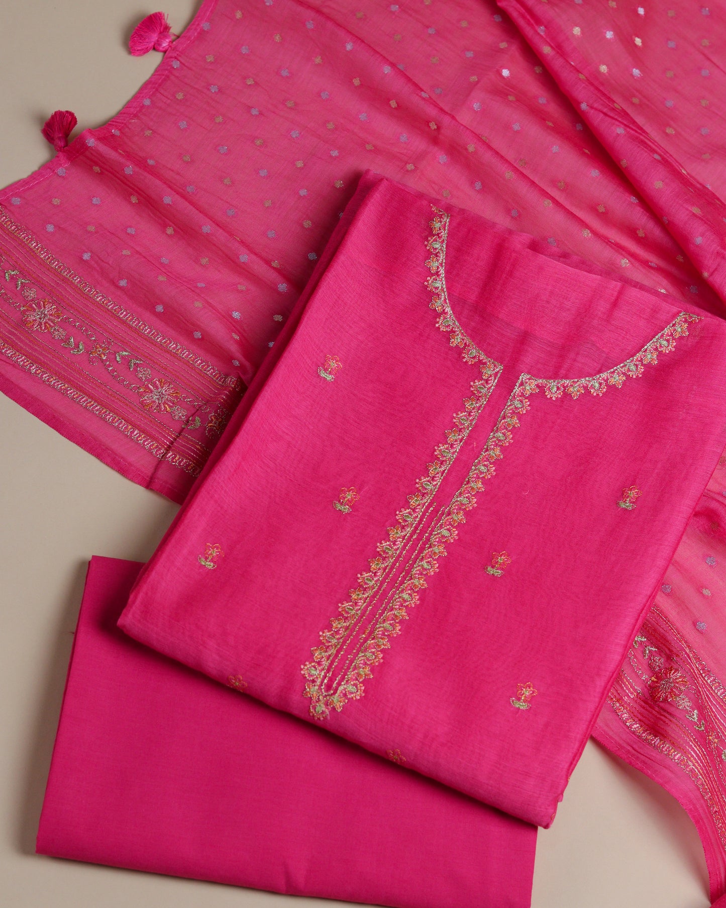 Pure Chanderi Pink Neck Emb Suit Piece