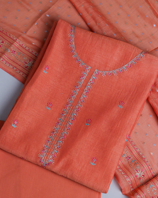 Pure Chanderi Orange Neck Emb Suit Piece
