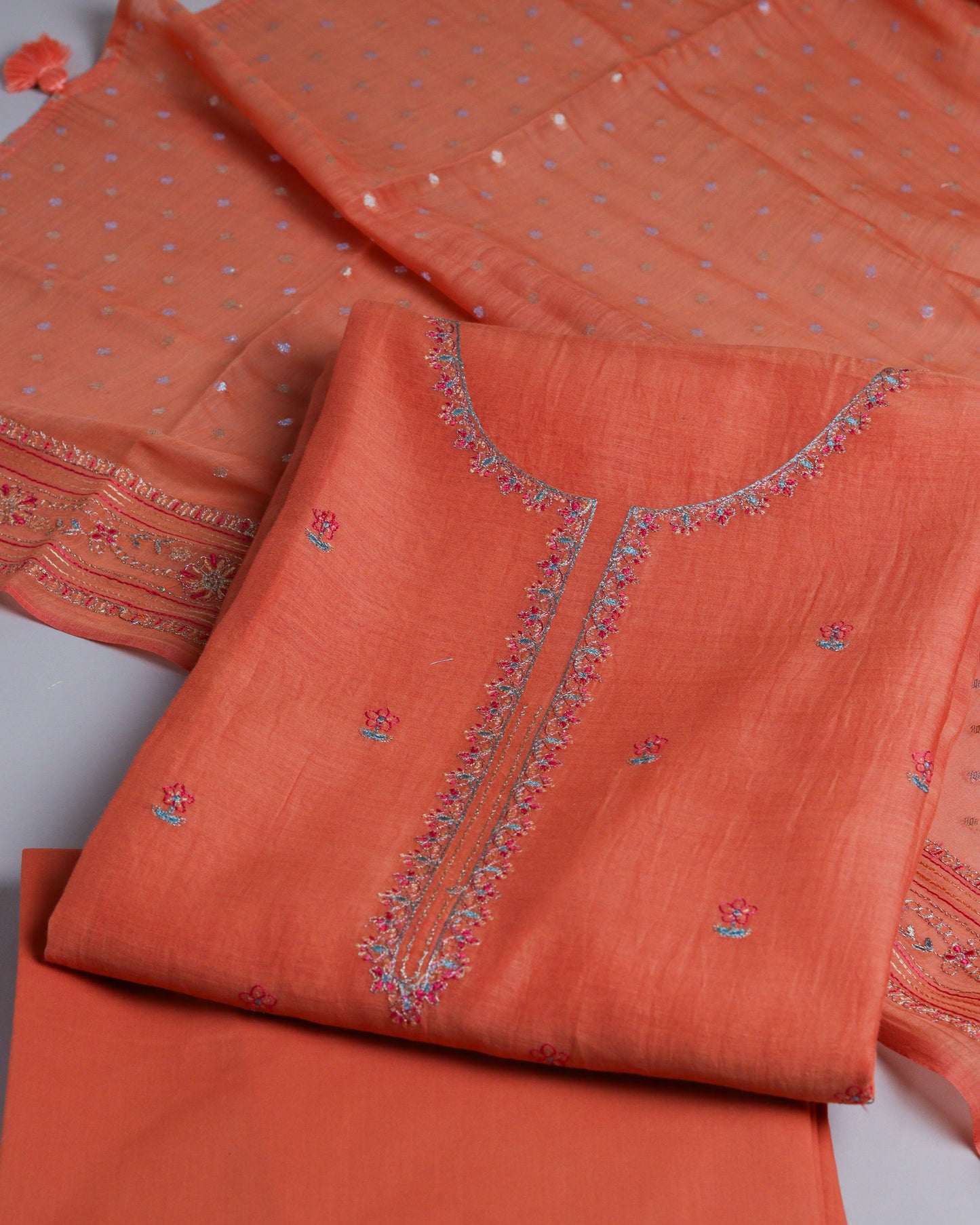 Pure Chanderi Orange Neck Emb Suit Piece