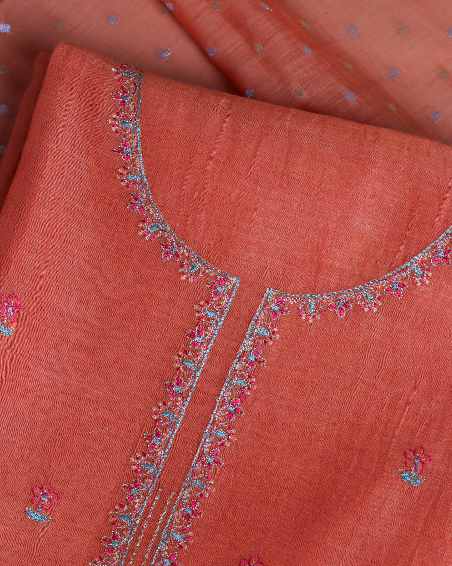 Pure Chanderi Orange Neck Emb Suit Piece