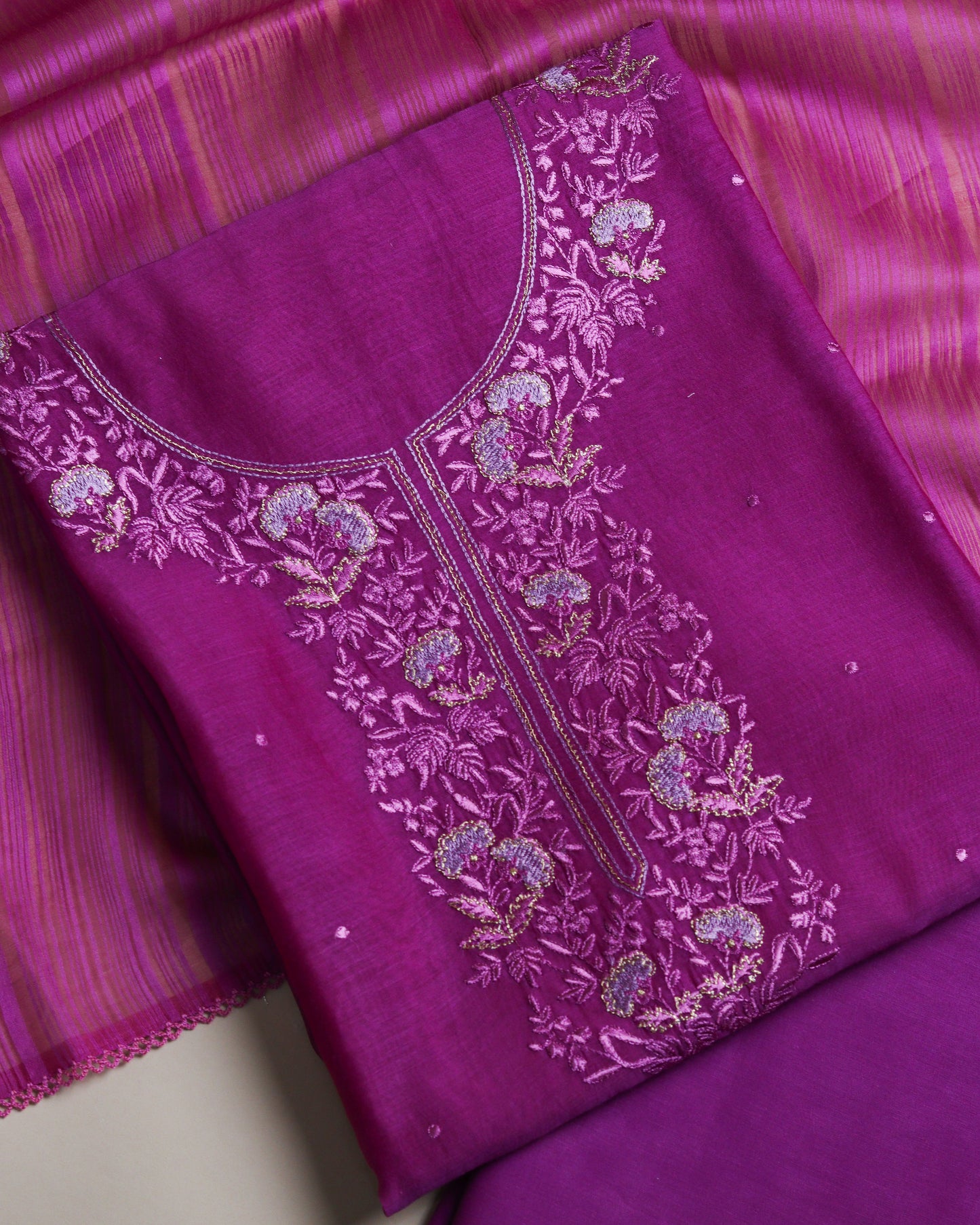 Pure Chanderi Purple Neck Jaal Emb Suit Piece