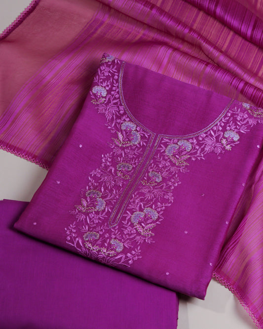 Pure Chanderi Purple Neck Jaal Emb Suit Piece