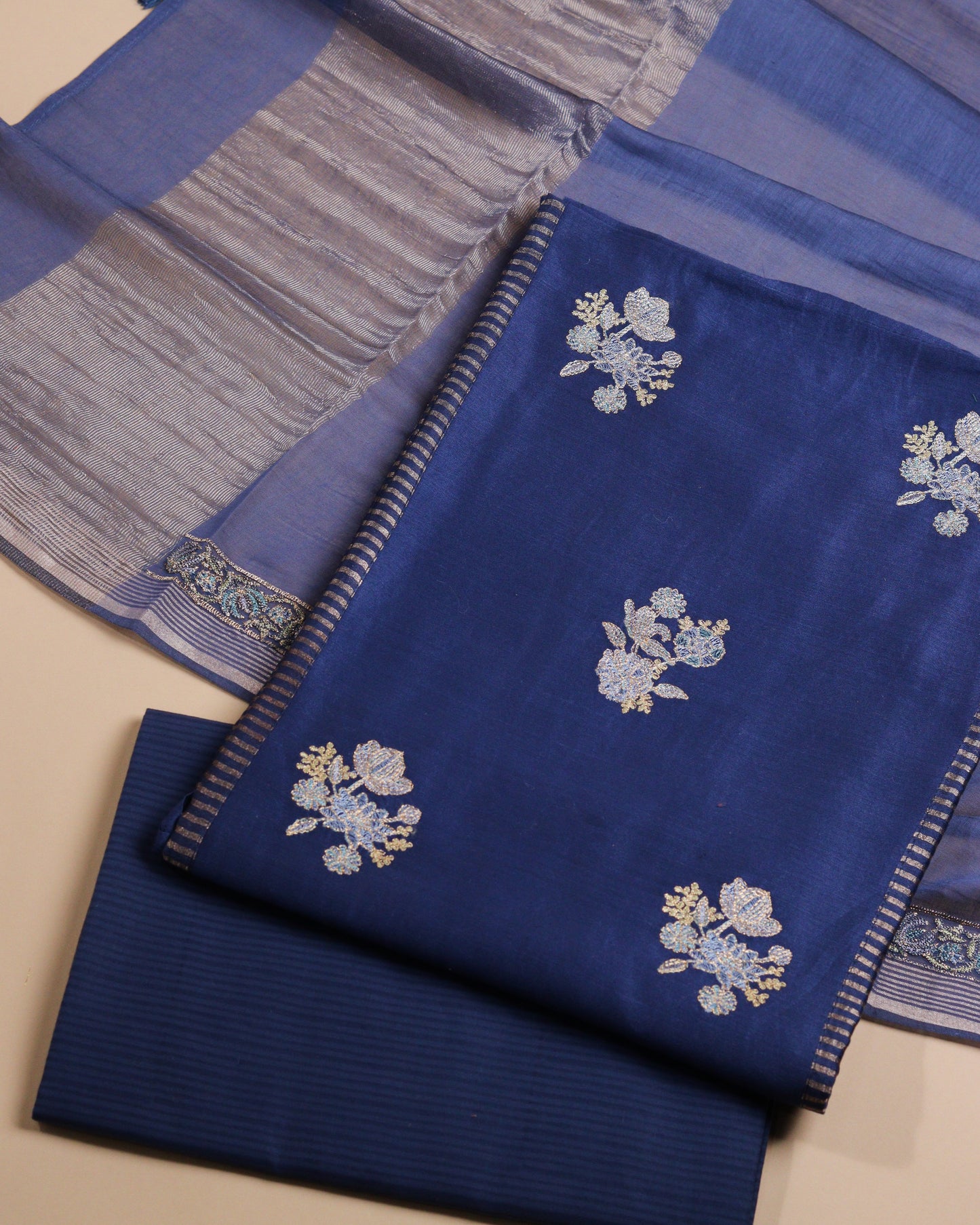 Pure Chanderi Blue Zari Stripes Suit Piece