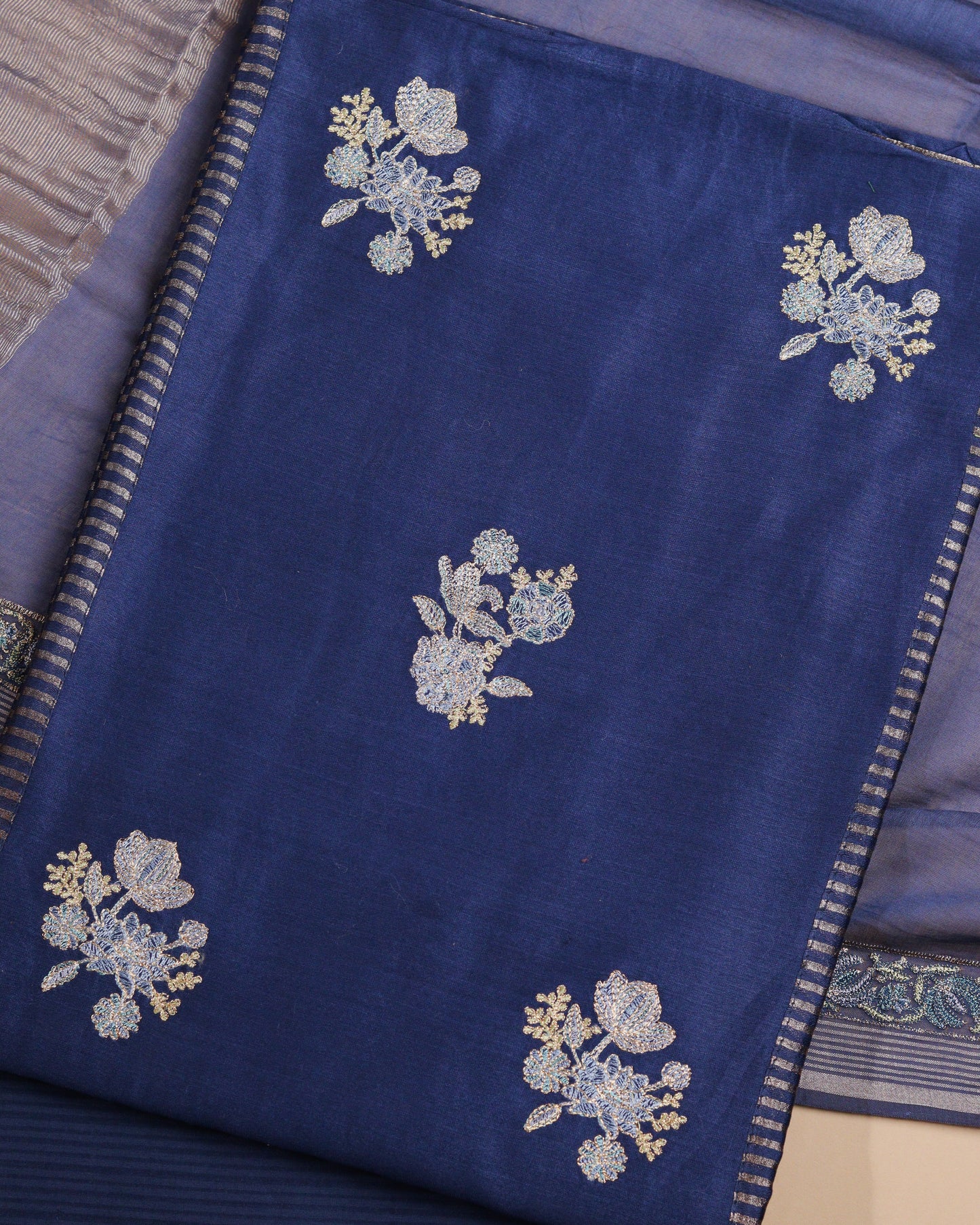 Pure Chanderi Blue Zari Stripes Suit Piece