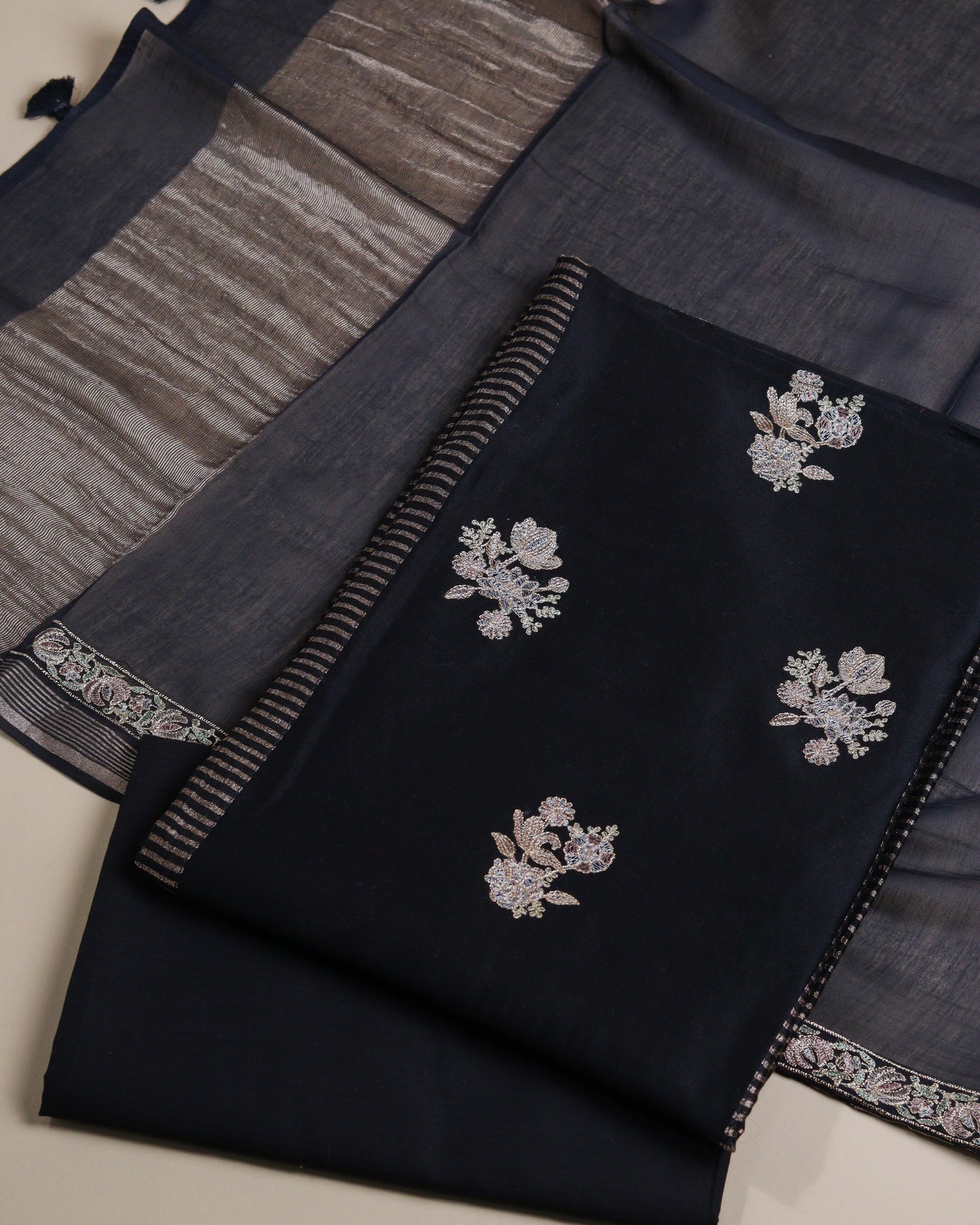 Pure Chanderi Black Zari Stripes Suit Piece
