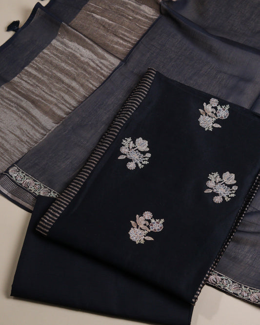 Pure Chanderi Black Zari Stripes Suit Piece