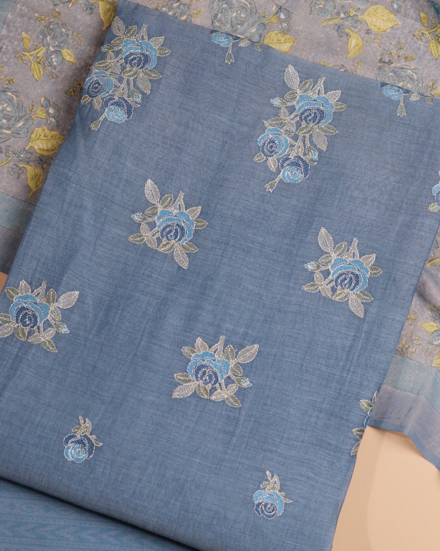 Pure Chanderi Blue Rose Suit Piece