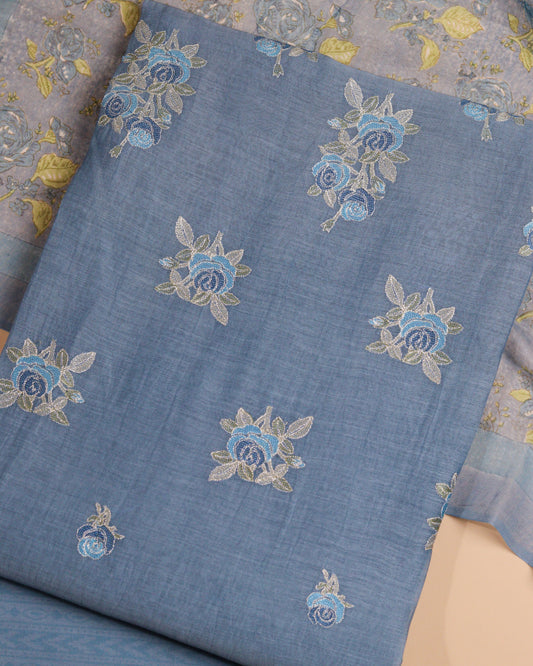 Pure Chanderi Blue Rose Suit Piece