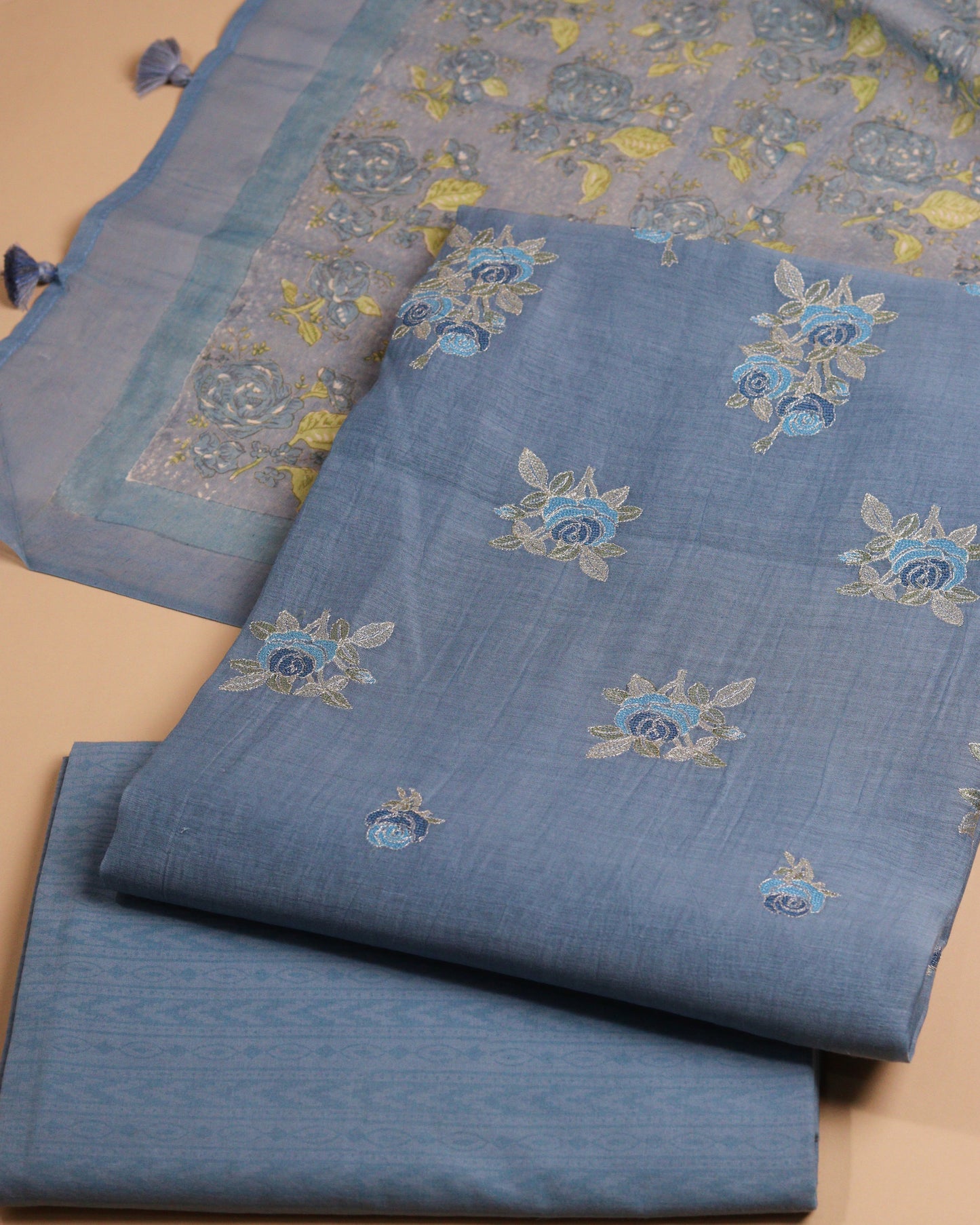 Pure Chanderi Blue Rose Suit Piece