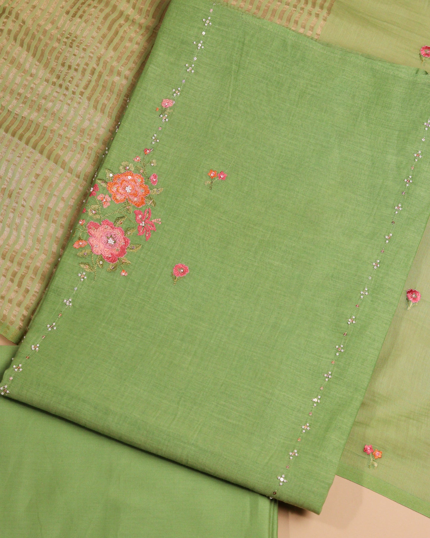 Pure Chanderi Green Buta Suit Piece
