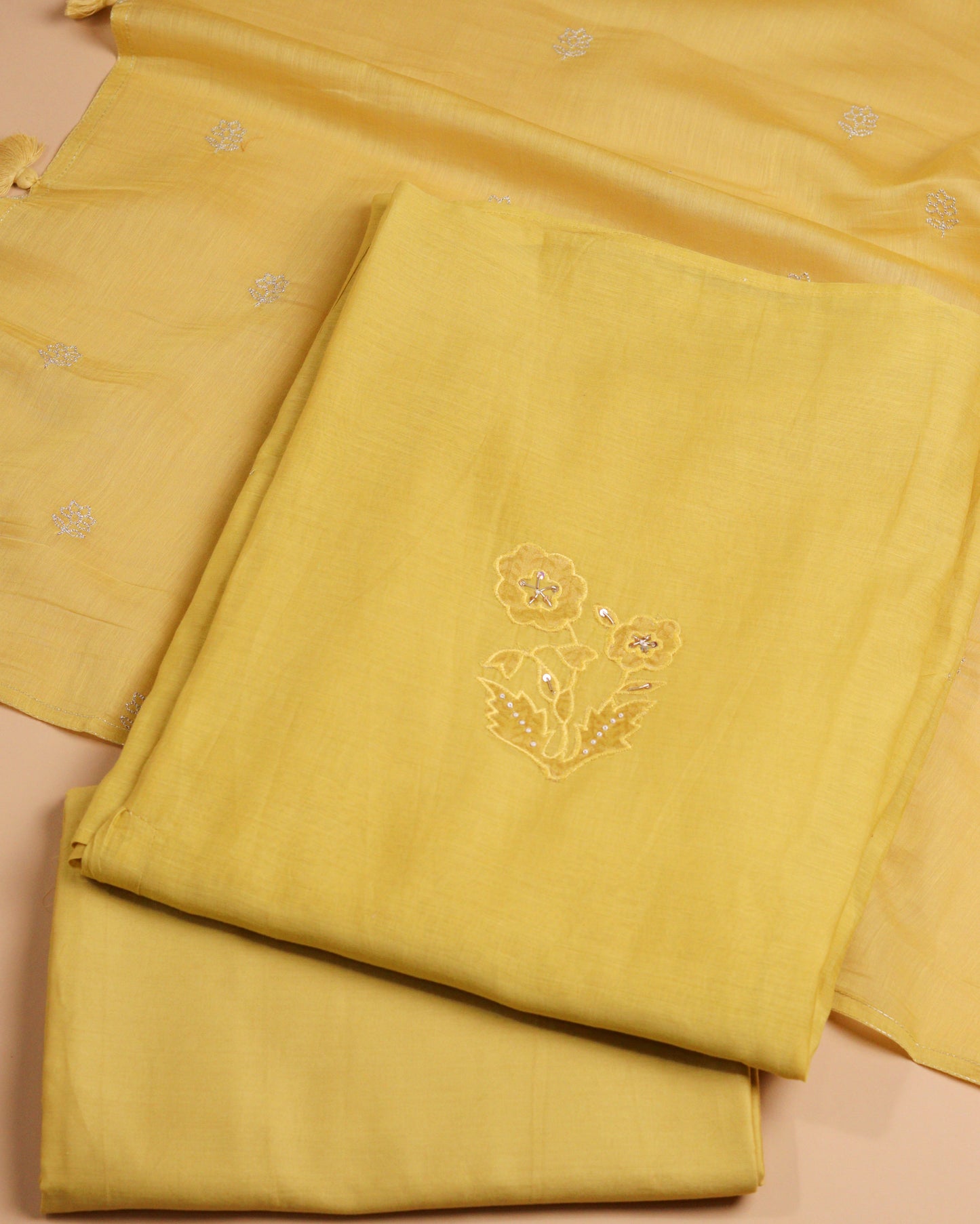 Pure Chanderi Yellow Applique Suit Piece