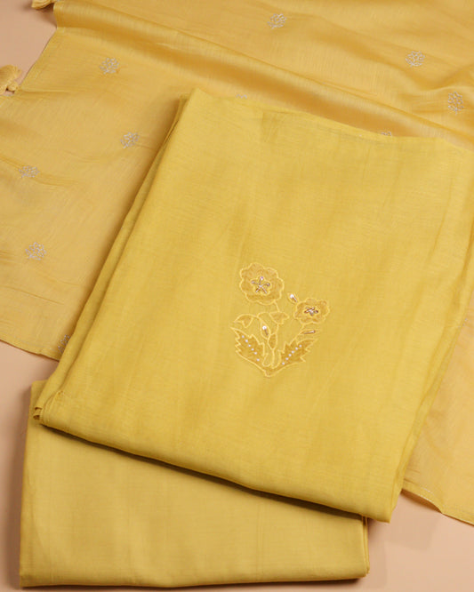 Pure Chanderi Yellow Applique Suit Piece
