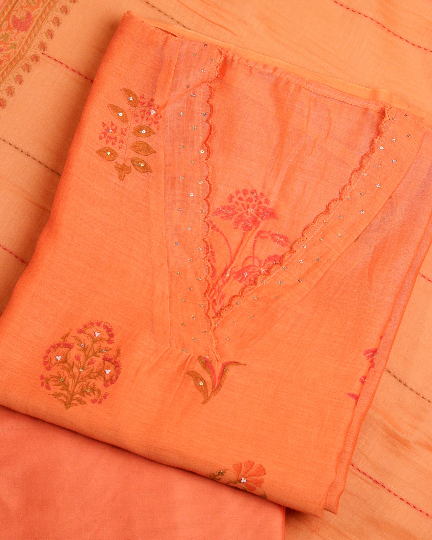 Pure Chanderi Orange Printed Suit Piece
