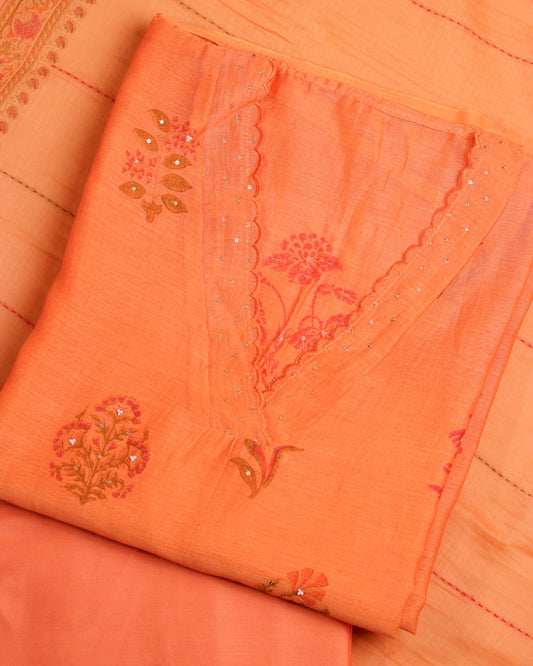 Pure Chanderi Orange Printed Suit Piece
