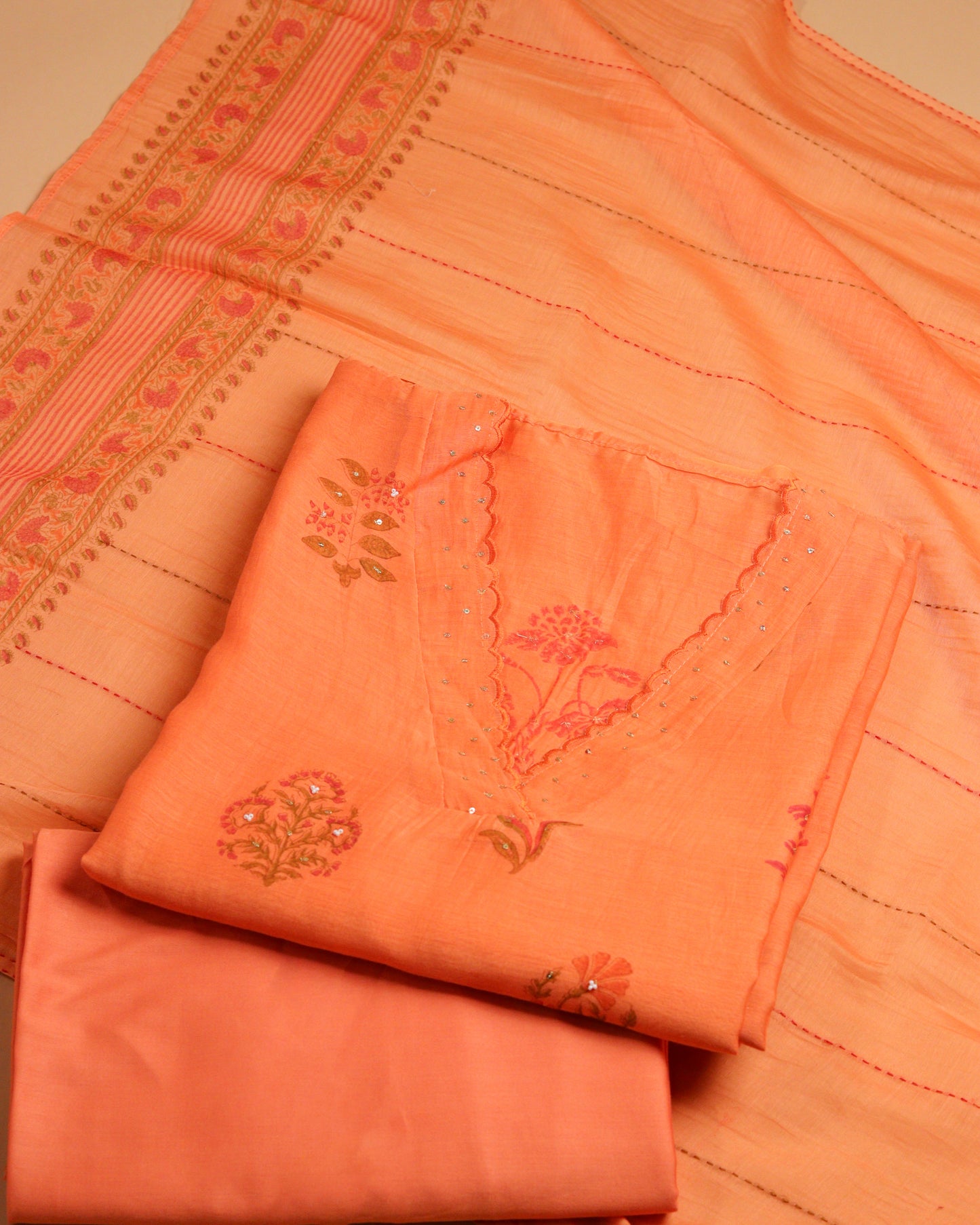 Pure Chanderi Orange Printed Suit Piece