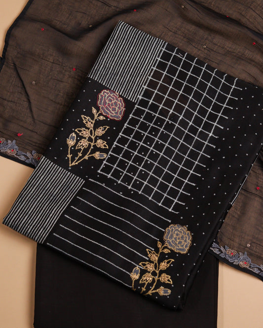 Pure Chanderi Black Mix Block Suit Piece