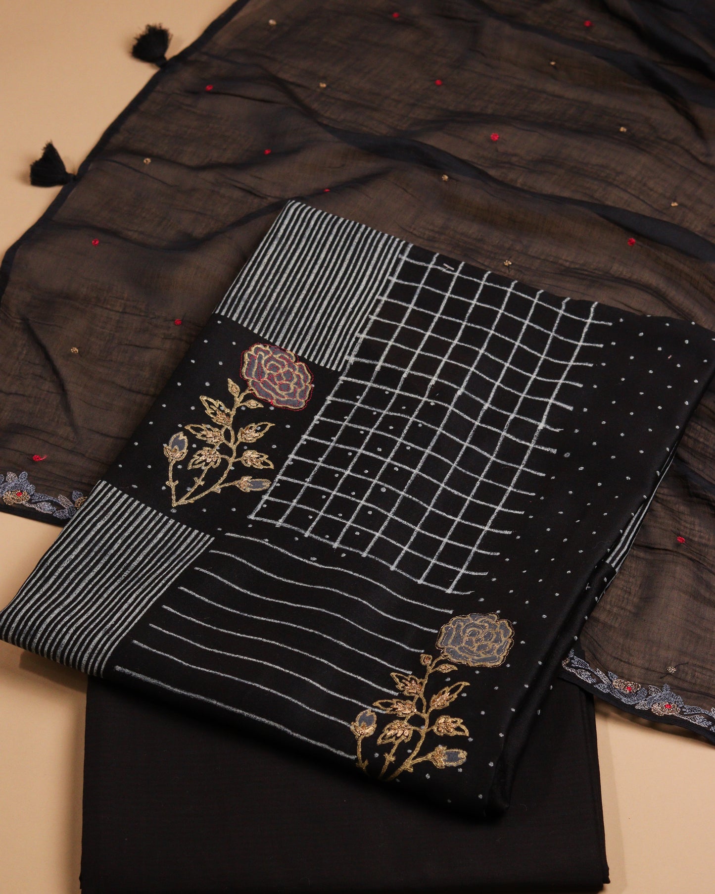 Pure Chanderi Black Mix Block Suit Piece