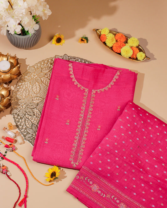 Pure Chanderi Pink Neck Emb Suit Piece