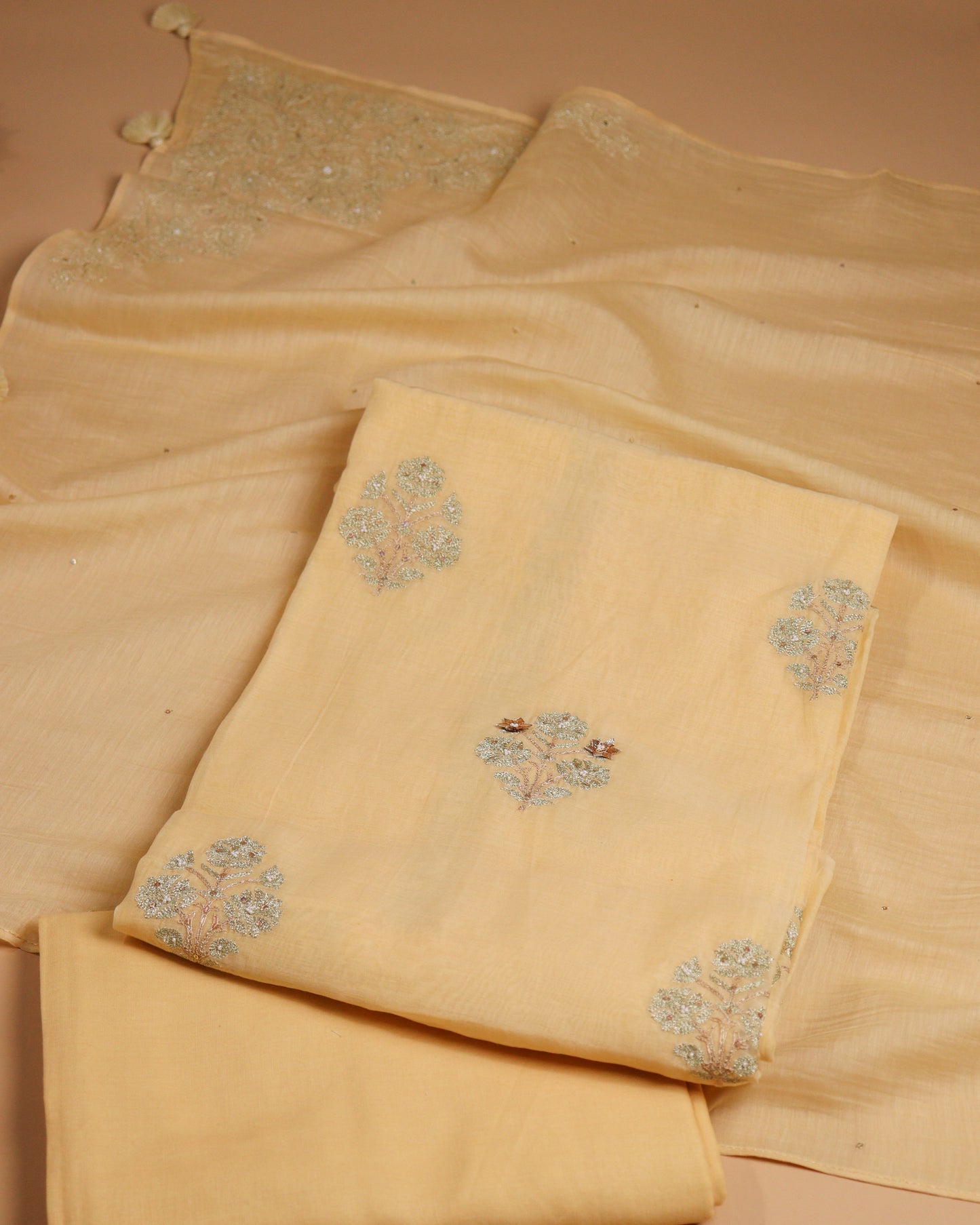 Pure Chanderi Yellow Gota Phool Suit Piece