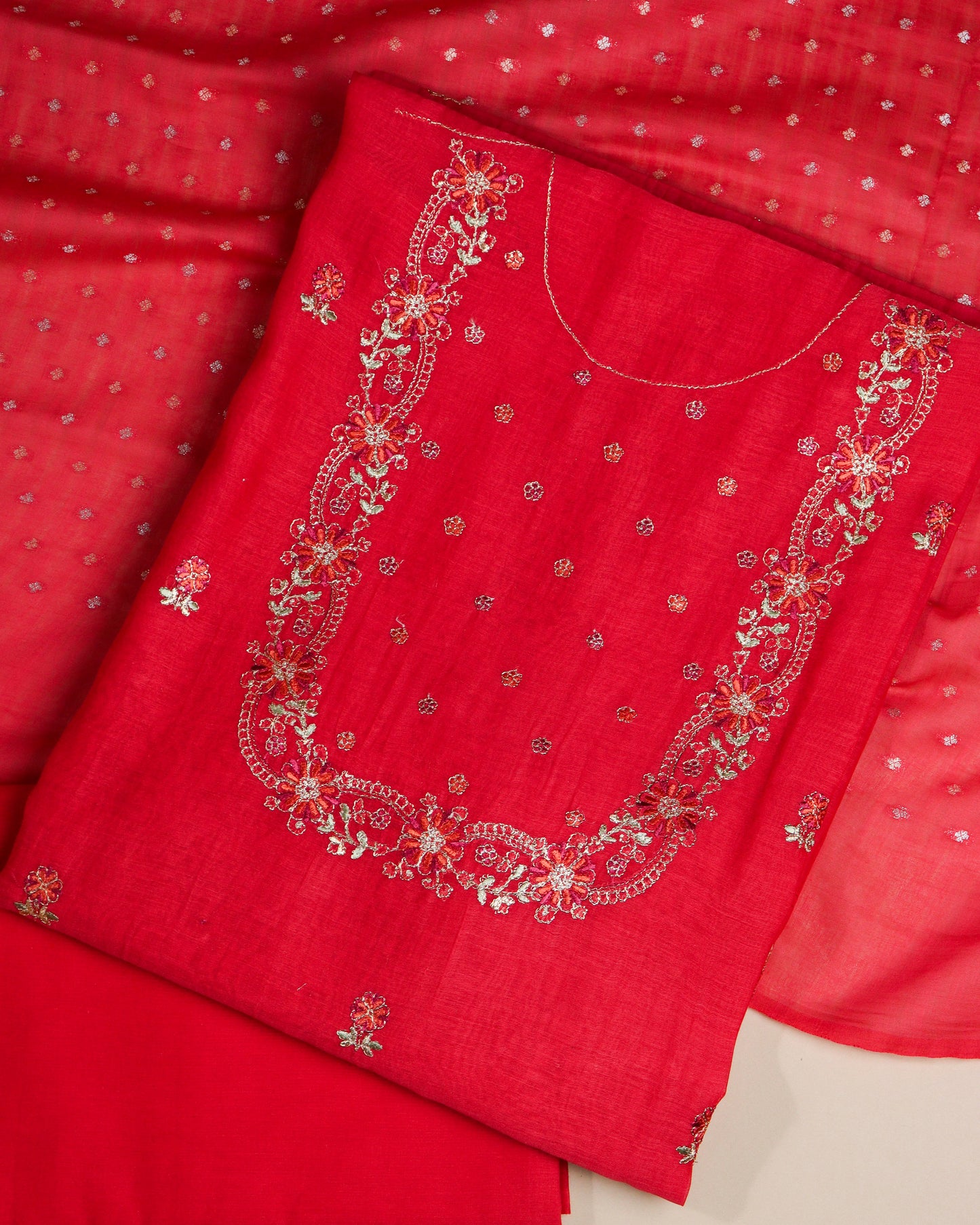 Pure Chanderi Red Yoke Emb Suit Piece