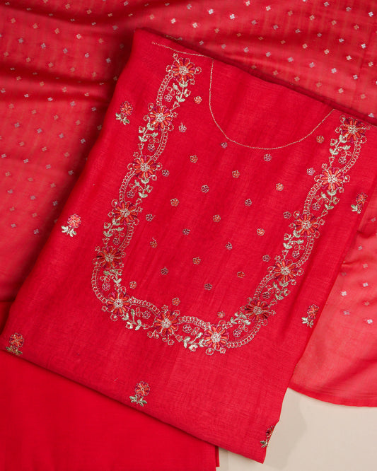 Pure Chanderi Red Yoke Emb Suit Piece