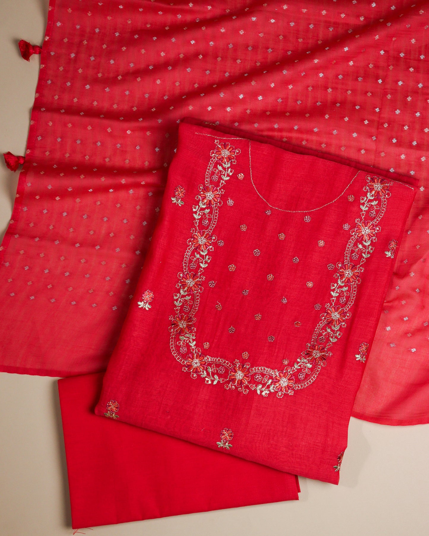 Pure Chanderi Red Yoke Emb Suit Piece