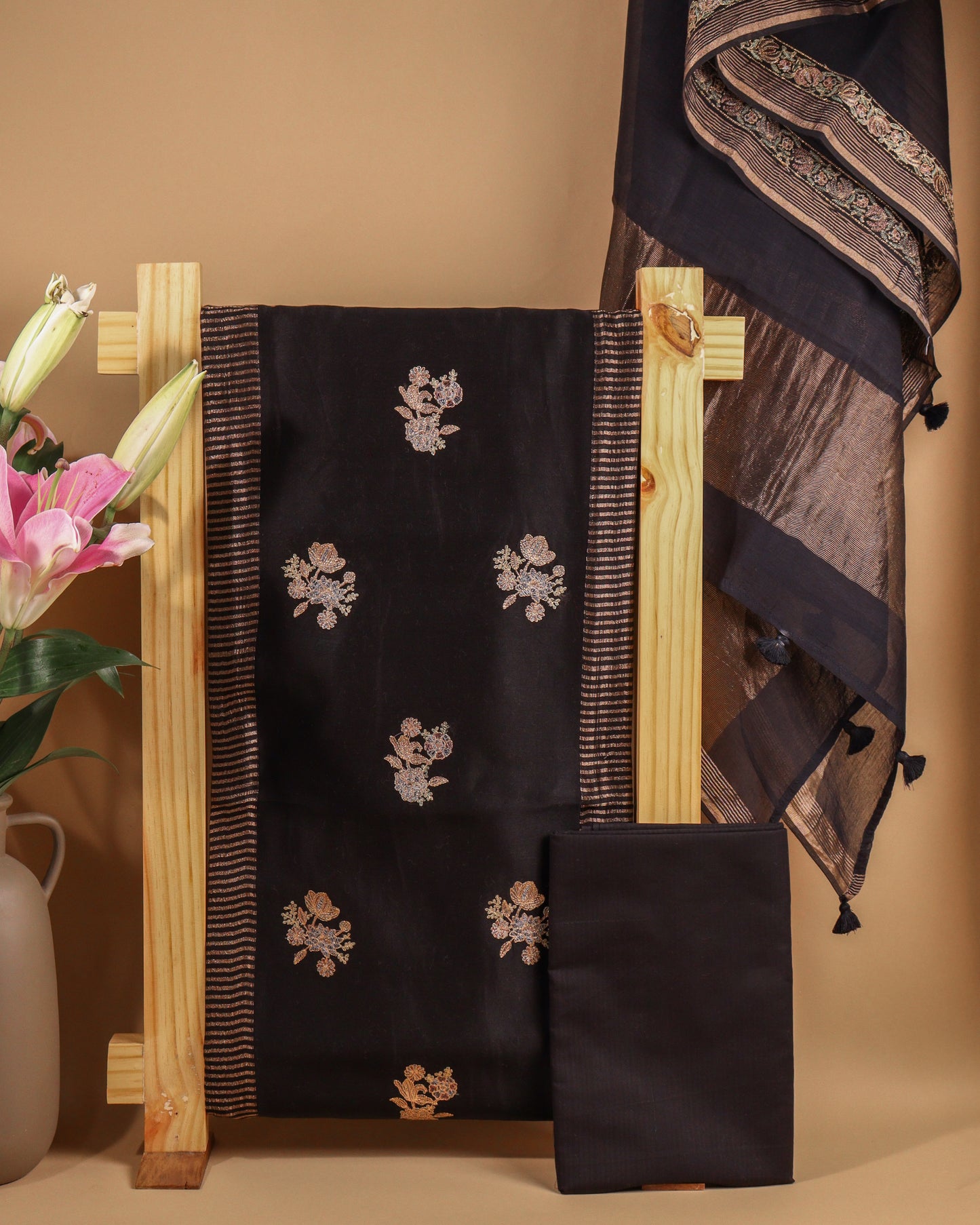 Pure Chanderi Black Zari Stripes Suit Piece