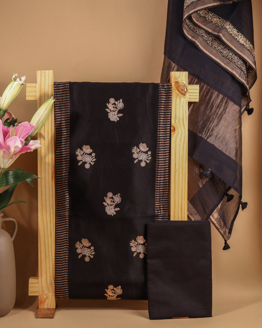 Pure Chanderi Black Zari Stripes Suit Piece