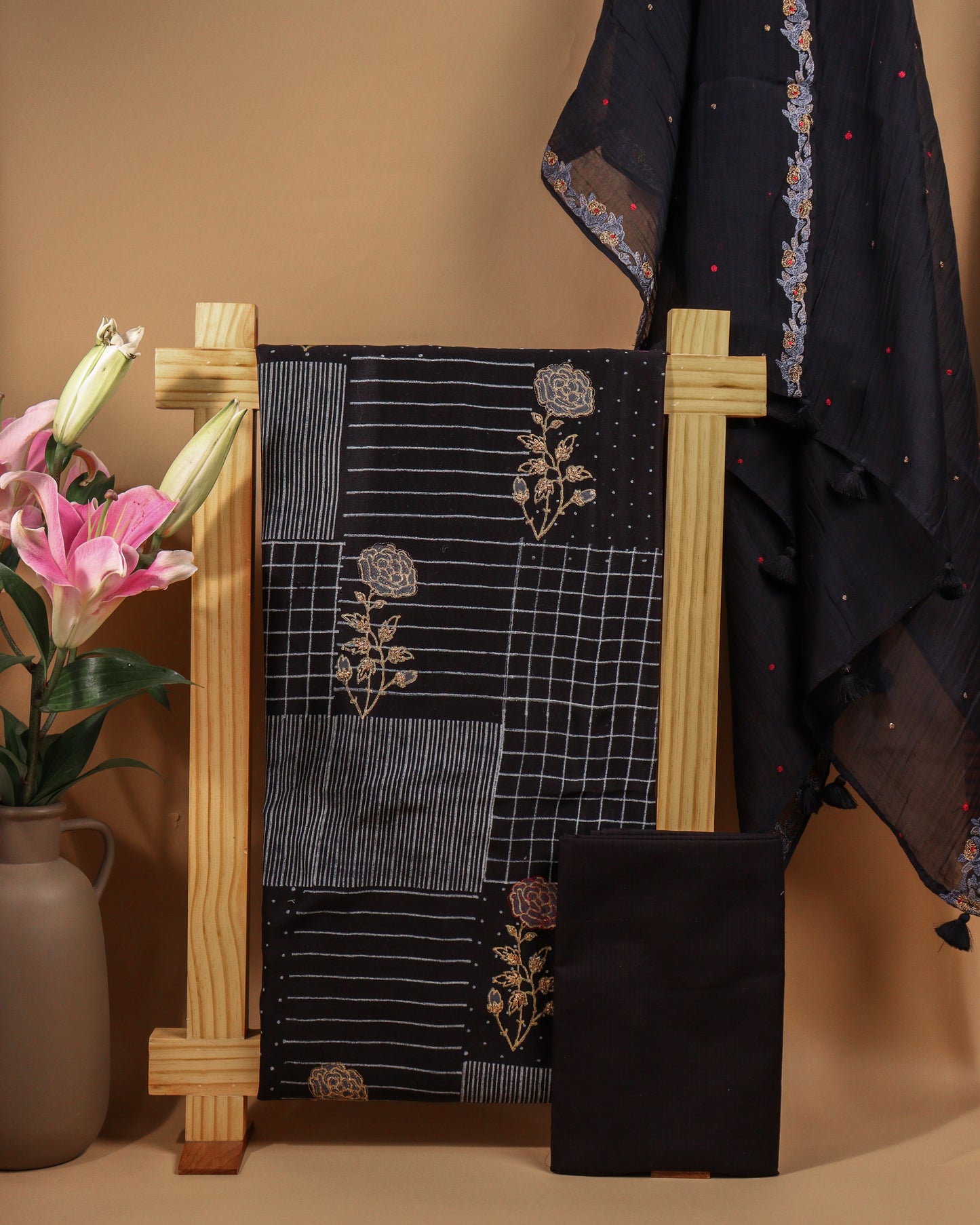 Pure Chanderi Black Mix Block Suit Piece