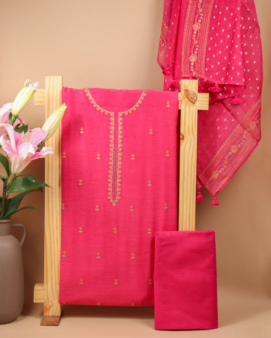 Pure Chanderi Pink Neck Emb Suit Piece