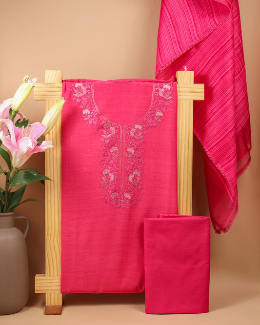 Pure Chanderi Pink Neck Jaal Emb Suit Piece